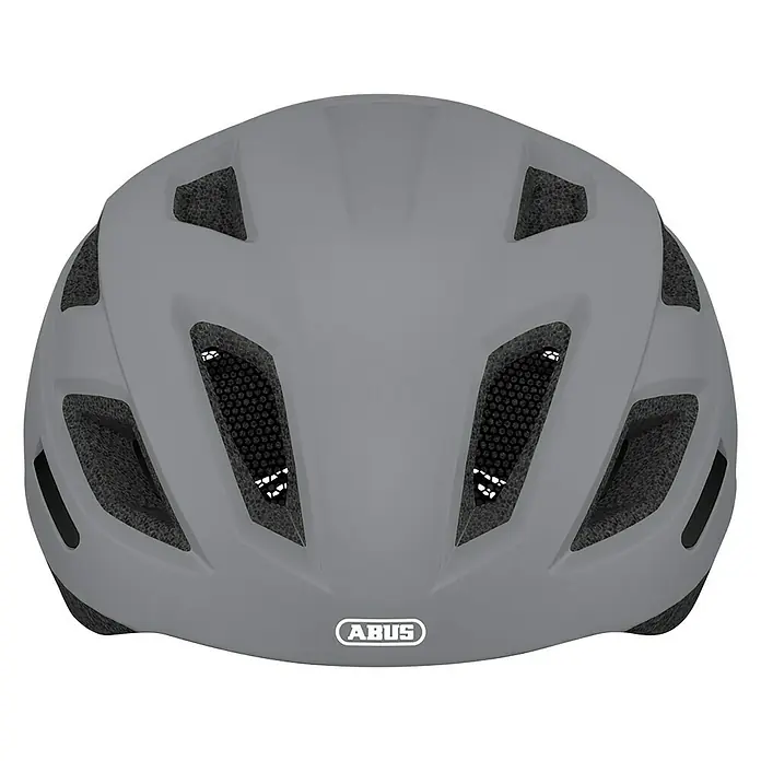 Abus Fahrradhelm City - Größe: M 52 - 58 cm, Grau - Nahaufnahme eines grauen ABUS-Fahrradhelms mit Belüftungsöffnungen und dem ABUS-Logo.