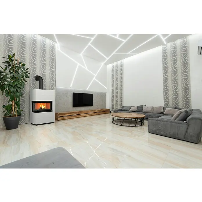 Kaminofen Integra Plus Line Links - 8 kW, Raumheizvermögen: 229 m³, Material Verkleidung: Stahl, Weiß - Modernes Wohnzimmer mit großem grauem Ecksofa, weißem Standkamin, Holz-TV-Konsole und linearen Deckenleuchten.