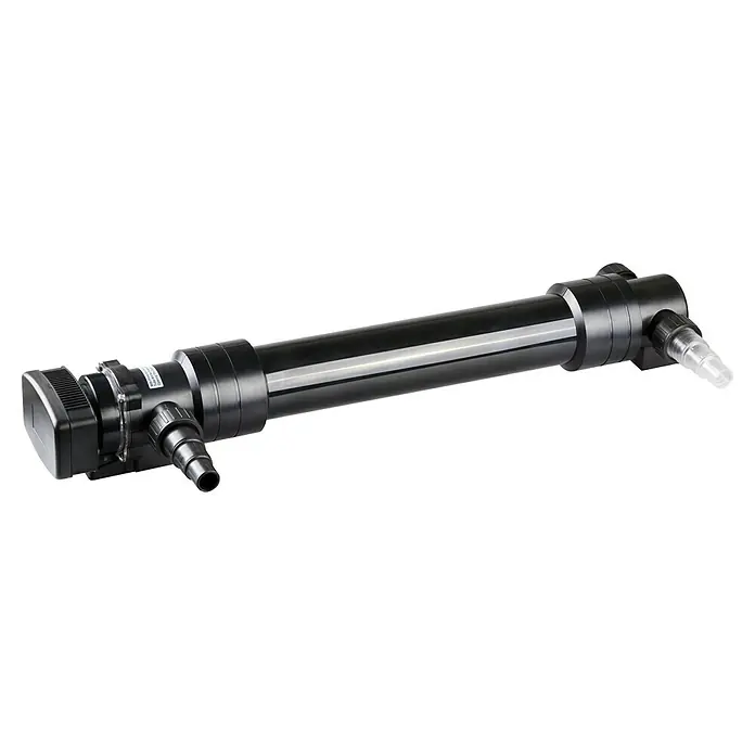 Heissner Teichklärer UVC - 55 W - Schwarzer zylindrischer UV-Sterilisator mit Schlauchanschlüssen, einer transparent, für Aquarien oder Teiche.