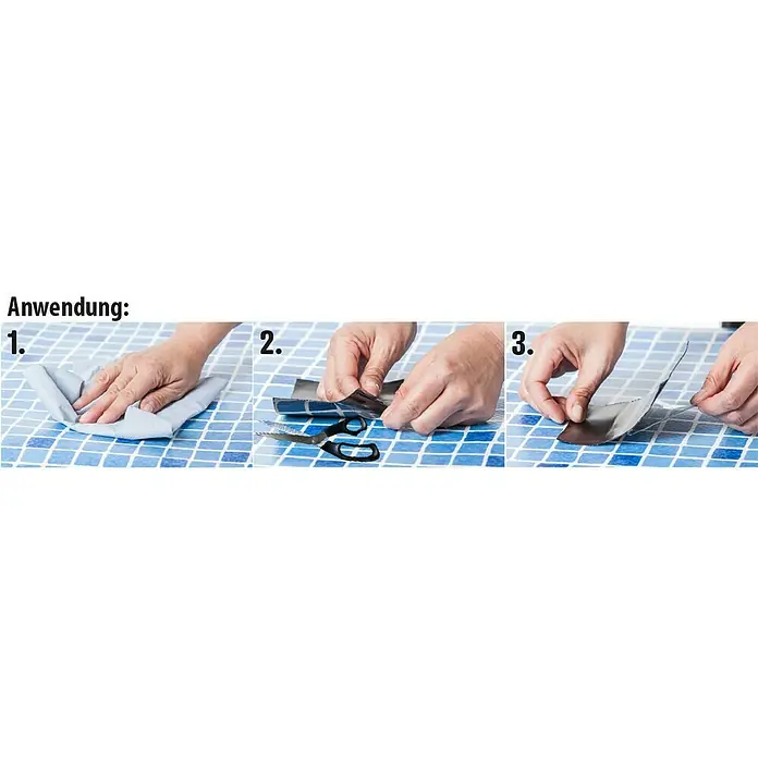 Reparaturband EasyFix - Transparent, 150 x 10 cm - Anwendungsschritte: Oberfläche reinigen, Klebefolie zuschneiden und Schutzfolie abziehen.
