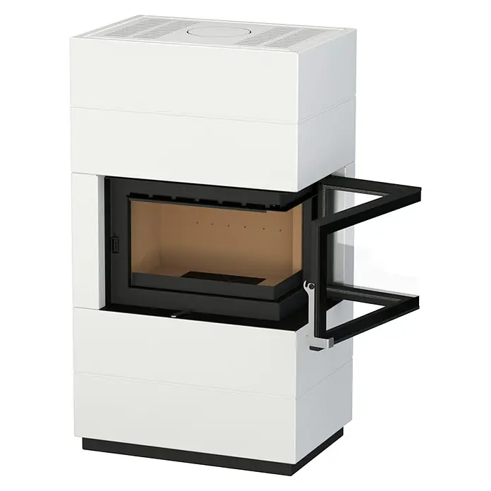 Kaminofen Integra Plus Line Rechts - 8 kW, Raumheizvermögen: 229 m³, Material Verkleidung: Stahl, Weiß - Moderner weißer Kaminofen mit offener Glastür, die den hellbraunen Brennraum zeigt. Schwarze Akzente am Rahmen.