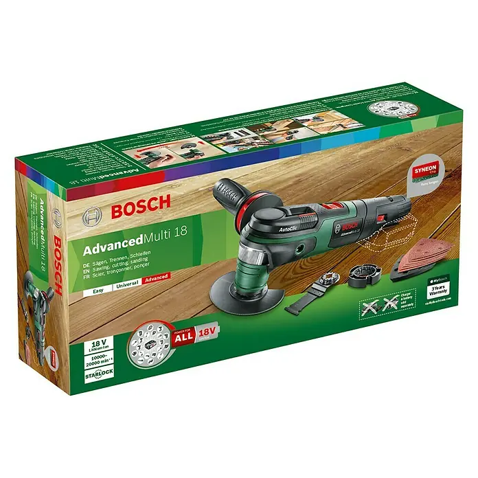 Bosch Power for All 18V Akku-Multifunktionswerkzeug AdvancedMulti 18 - 18 V, Ohne Akku - Abbildung der Bosch AdvancedMulti 18 Multifunktionswerkzeug im Karton, ideal zum Sägen, Trennen und Schleifen.
