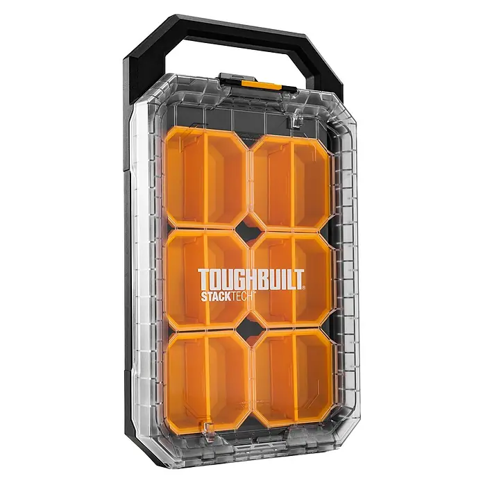 ToughBuilt StackTech Kleinteilmagazin - L x B x H: 9,4 x 26 x 4,7 cm, Kunststoff, Anzahl Fächer: 12 Stk. - Transparenter Toughbuilt Stacktech Organizer mit sechs orangefarbenen modularen Fächern und schwarzem Griff.