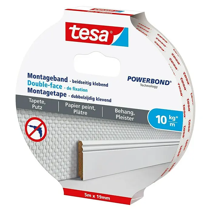 Tesa Powerbond Montageband für Tapete und Putz - L x B: 5 m x 19 mm - Tesa Powerbond doppelseitiges Montageband, 5m x 19mm, zeigt bohrungsfreie Montage einer Fußleiste. Hält 10 kg/m.