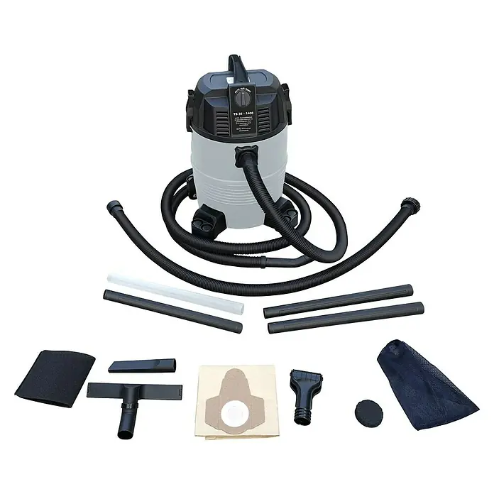 Heissner Teichschlammsauger F635N-00 Basic - 1.250 W - 1.400 W, Fördermenge pro Std.: 3.000 l - Ein grauer und schwarzer Nass-/Trockensauger mit Schläuchen, Verlängerungsrohren, Düsen und Filtern.