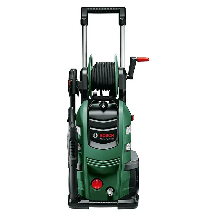 Bosch Hochdruckreiniger AdvancedAquatak 160 - 2.600 W, Max. Druck: 160 bar, Fördermenge: 570 l/h - Das Bild zeigt einen Bosch AdvancedAquatak 160 Hochdruckreiniger in Grün und Schwarz mit Schlauchtrommel und Tragegriff.