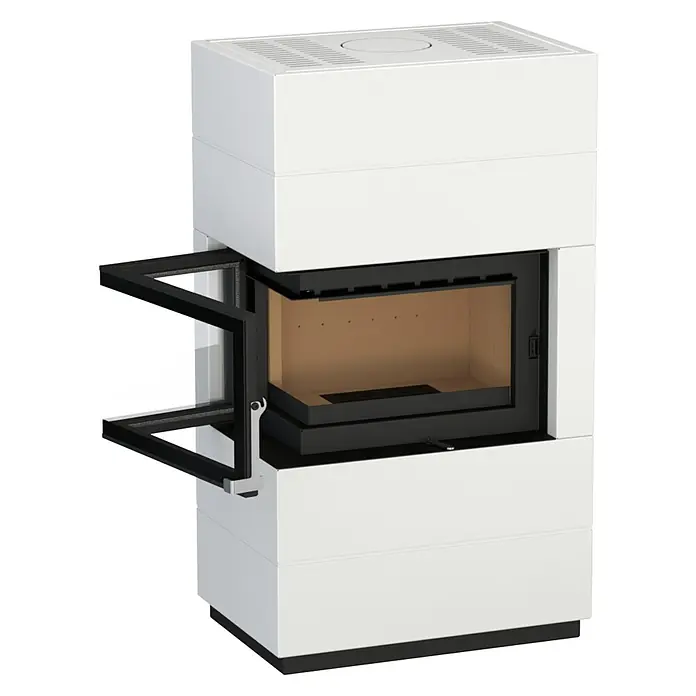 Kaminofen Integra Plus Line Links - 8 kW, Raumheizvermögen: 229 m³, Material Verkleidung: Stahl, Weiß - Moderner weißer Holzofen mit offener, schwarzgerahmter Glastür, die einen hellbraunen Innenraum zeigt.