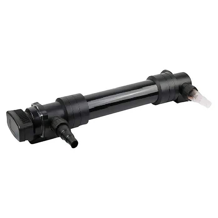 Heissner Teichklärer UVC - 36 W - Schwarzer zylindrischer UV-C-Klärer zur Wasserreinigung mit Schlauchanschlüssen.