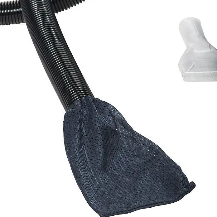 Heissner Teichschlammsauger F635N-00 Basic - 1.250 W - 1.400 W, Fördermenge pro Std.: 3.000 l - Schwarzer Wellschlauch mit dunkler Netzabdeckung und klarer Plastikdüse, vermutlich für Staubsauger oder Extraktor.