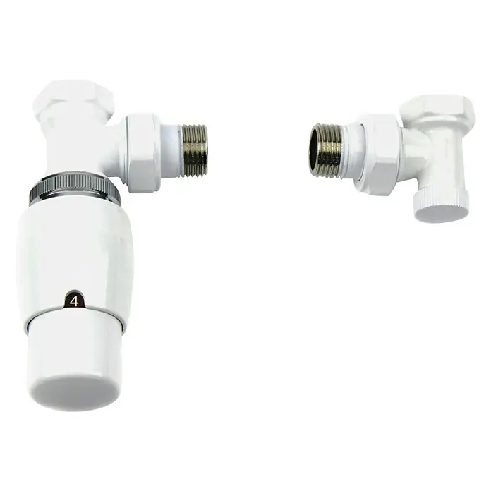 Ximax Thermostatventil-Set Elegant - Eckventil, 16 mm, Weiß - Thermostatventil-Set mit Thermostatkopf und Durchgangsventil, ideal für die präzise Steuerung der Raumtemperatur.