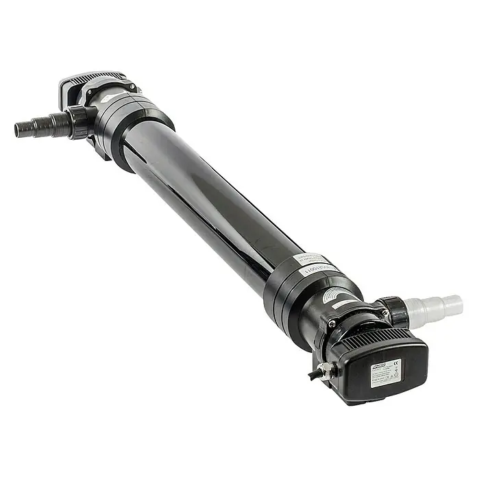 Heissner Teichklärer UVC - 72 W - Schwarzer zylindrischer UVC-Klärer mit Schlauchanschlüssen an beiden Enden und einer Steuereinheit, zur Wasserreinigung.