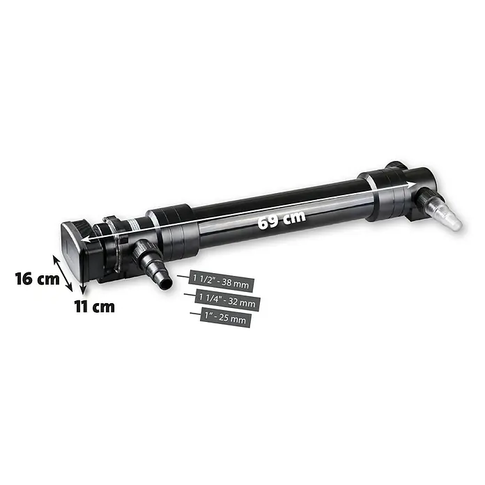 Heissner Teichklärer UVC - 55 W - Schwarzer röhrenförmiger UV-C-Filter mit verschiedenen Schlauchanschlüssen, 69 cm lang, 16 cm hoch und 11 cm breit.