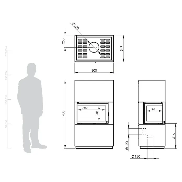 Kaminofen Integra Plus Line Links - 8 kW, Raumheizvermögen: 229 m³, Material Verkleidung: Stahl, Weiß - Technische Zeichnung eines rechteckigen Kamins mit Glasscheibe, Rauchrohranschlüssen und Maßen, mit Mensch zur Größenreferenz.