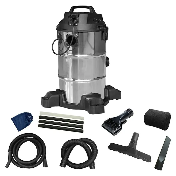 Heissner Teichschlammsauger F638P-00 - 1.800 W - 2.000 W, Fördermenge pro Std.: 4.000 l - Abbildung eines Edelstahl-Nass-/Trockensaugers mit verschiedenen Zubehörteilen auf schwarzem Hintergrund.