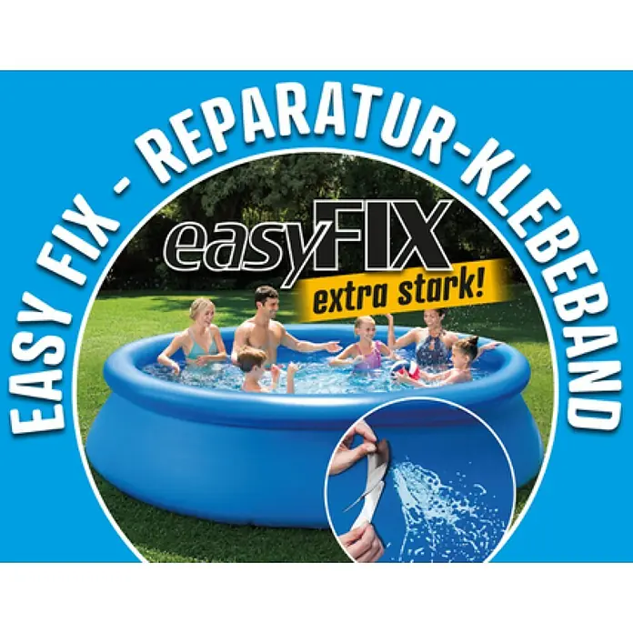 Reparaturband EasyFix - Transparent, 150 x 10 cm - EASY FIX Reparatur-Klebeband, extra stark, beim Flicken eines blauen Pools mit schwimmender Familie.