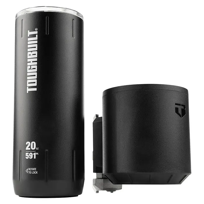 ToughBuilt StackTech Portavaso con vaso térmico - 591 ml, Acero inoxidable, Negro - La taza ToughBuilt, diseñada para la durabilidad, incluye una función "Rotate to Lock" para un uso seguro y sin derrames en el camino.
