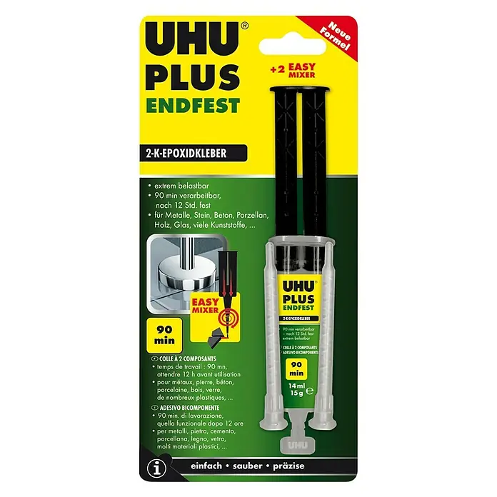 UHU plus endfest 2-Komponenten-Kleber 2K-Epoxidharzkleber Doppelkammerspritze - 15 g, Lösemittelfrei - UHU PLUS Endfest 2-K-Epoxidkleber mit +2 Easy Mixer. Der leistungsstarke Kleber für Metalle, Stein, Holz, Glas und Kunststoffe.