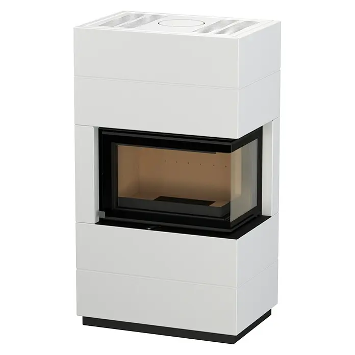 Kaminofen Integra Plus Line Rechts - 8 kW, Raumheizvermögen: 229 m³, Material Verkleidung: Stahl, Weiß - Weißer moderner Kamin mit Eckscheibe, schwarzem Sockel. Moderner Holzofen.