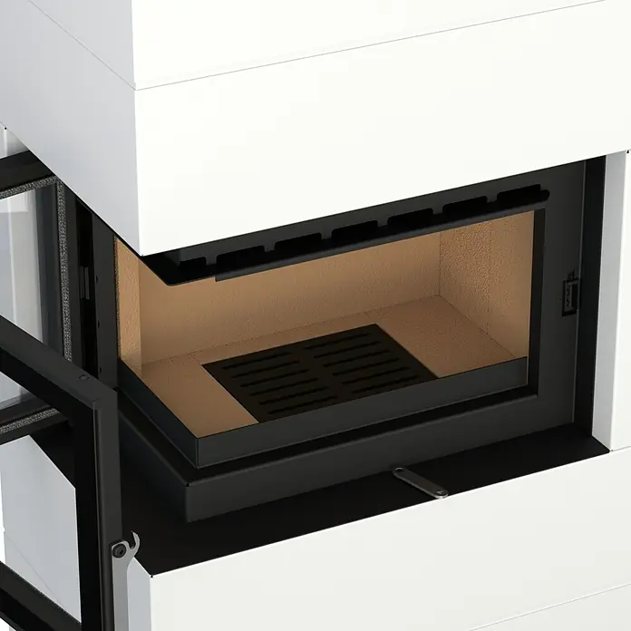 Kaminofen Integra Plus Line Links - 8 kW, Raumheizvermögen: 229 m³, Material Verkleidung: Stahl, Weiß - Weißer Kamineinsatz mit schwarzem Rahmen, heller Schamottauskleidung und Rost, sowie kleinem Metallhebel.
