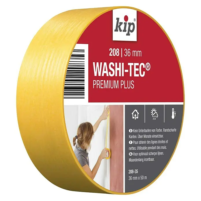 Kip Fineline-Tape Washi-Tec Universal 208 - Selbstklebend, 50 m x 36 mm x 0,09 mm, Temperaturbeständigkeit: 0 °C - 120 °C - Abbildung einer Rolle KIP 208|36 mm Washi-Tec Premium Plus Malerkrepp, ideal für präzise Farbkanten und langfristige Anwendungen.