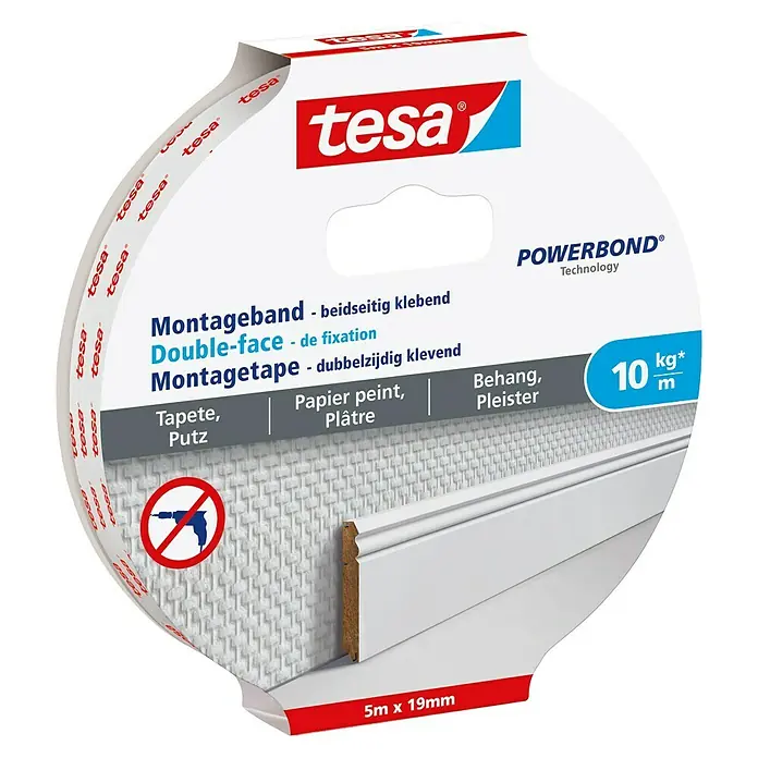 Tesa Powerbond Montageband für Tapete und Putz - L x B: 5 m x 19 mm - Tesa Powerbond Montageband Double-Face: Starkes, doppelseitiges Klebeband für die schnelle und dauerhafte Befestigung von Objekten im Innenbereich.