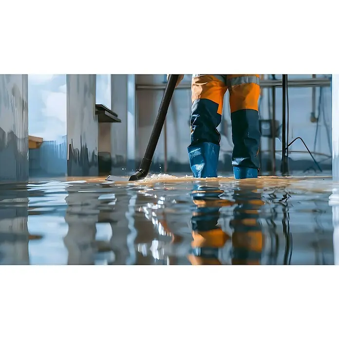 Heissner Teichschlammsauger F638P-00 - 1.800 W - 2.000 W, Fördermenge pro Std.: 4.000 l - Eine Person in wasserdichten Stiefeln verwendet einen Wassersauger, um ein überflutetes Gebiet zu reinigen, wobei die Reflexionen die Situation betonen.