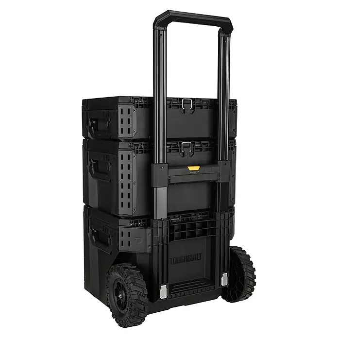 ToughBuilt StackTech Werkzeugkoffer-Set 3-tlg. - L x B x H: 50 x 56 x 83 cm, 3 -tlg., Räder - Schwarzes modulares Rollwerkzeugkastensystem mit großen Rädern und ausziehbarem Griff für den Werkzeugtransport.