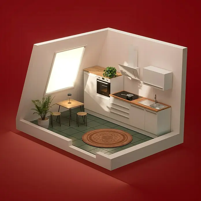 Respekta Premium Küchenzeile Gabriel - Breite: 320 cm, Weiß, Mit Elektrogeräten - Kompakte Küchenzeile in einem modernen Miniatur-Zimmer, mit Esstisch, viel Tageslicht und minimalitischem Design auf rotem Hintergrund.
