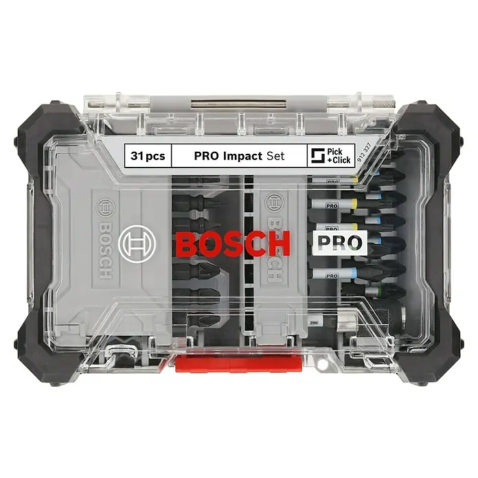 Bosch Maletín de brocas y puntas PRO Impact - 31 pzs. - Juego de brocas Bosch Pro Impact de 31 piezas en una caja transparente, ideal para profesionales.