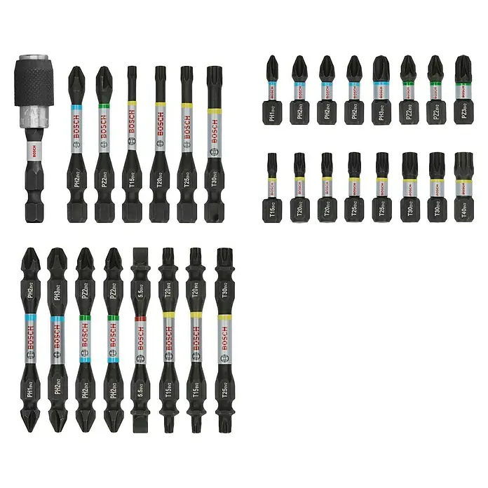 Bosch Maletín de brocas y puntas PRO Impact - 31 pzs. - La imagen muestra un conjunto de puntas de destornillador Bosch en varios tamaños y tipos, incluidos Phillips, Pozidriv, Torx y planos.