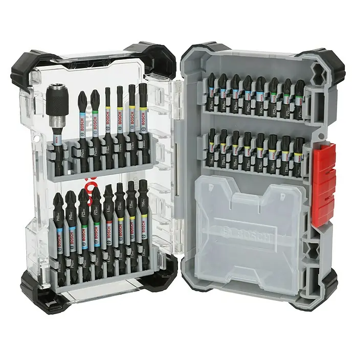 Bosch Maletín de brocas y puntas PRO Impact - 31 pzs. - Un juego de brocas Bosch abierto muestra varios tamaños y tipos, cuidadosamente organizados en un estuche gris para un fácil acceso y almacenamiento.