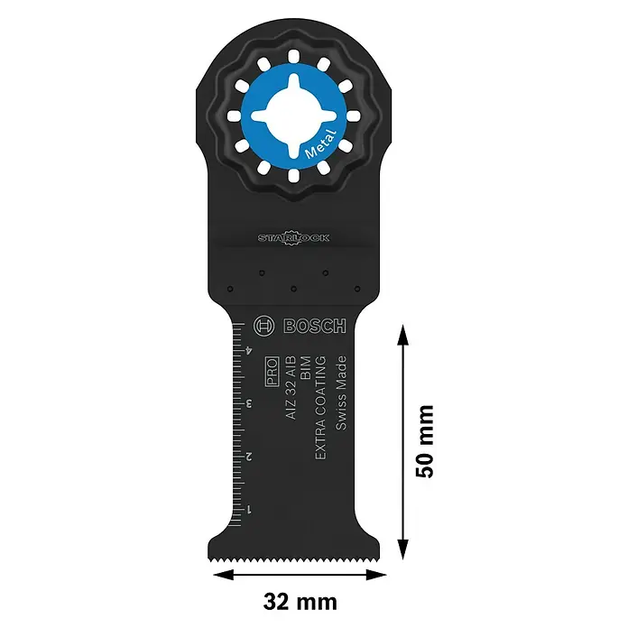 Bosch Professional Hoja de sierra de inmersión AIZ 32 AIB - 40 x 32 mm, Apto para: Metal - La imagen muestra una hoja de sierra Bosch Starlock Aiz 32 AIB BIM con dimensiones de 32 mm de ancho y 50 mm de alto. Apto para trabajos de metal.