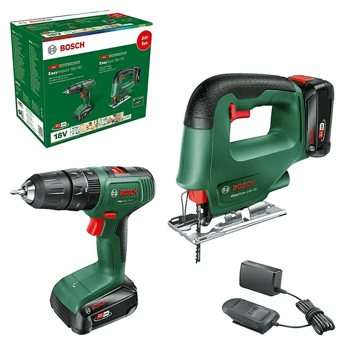 Bosch Power for All 18V Maschinen-Set 2-Tool-Kit EasyImpact + EasySaw - 18 V, 2 Akkus, 2 Ah, 5 -tlg. - Bosch 18V Akku-Bohrschrauber und Stichsägen-Set in Grün-Schwarz, mit Akku, Ladegerät und Verpackung. Werkzeuge für Heimwerker.