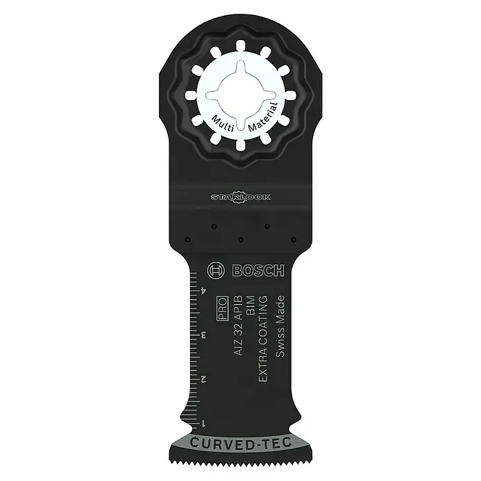 Bosch Professional Hoja de sierra de inmersión AIZ 32 APIB - 50 x 32 mm, Madera / metal / plástico - La imagen muestra una hoja de sierra multimaterial Bosch AIZ 32 APB BIM, con montaje Starlock y tecnología Curved-Tec.
