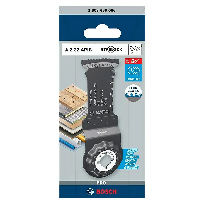 Bosch Professional Hoja de sierra de inmersión AIZ 32 APIB - 50 x 32 mm, Madera / metal / plástico - La imagen muestra una hoja de sierra oscilante Bosch AIZ 32 APІВ Starlock para múltiples materiales, con Curved-Tec para cortes precisos.