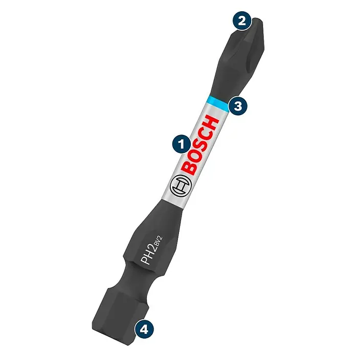 Bosch Set de puntas para atornillador PRO Impact - 36 pzs. - Punta de destornillador Philips PH2 Bosch de doble extremo gris oscuro con zona de torsión y anillo azul.