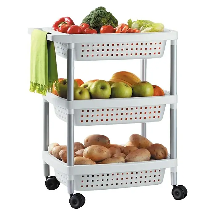 Tatay Carro con ruedas 3 niveles - Blanco - Carrito de verduras de tres niveles lleno de patatas, manzanas y verduras. Una solución de almacenamiento de cocina práctica y que ahorra espacio.