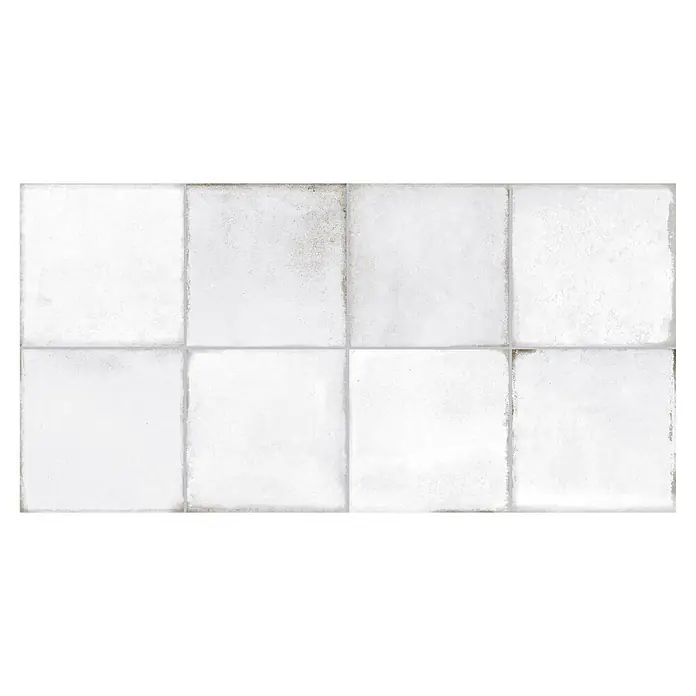 Revestimiento de pared Murano - 30 x 60 cm, Blanco, Brillante - La imagen muestra ocho baldosas blancas con un acabado sutilmente imperfecto, de estilo vintage, que transmite una estética rústica.