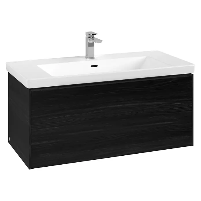 Villeroy & Boch Subway 3.0 Waschbeckenunterschrank - Black Oak, Anzahl Schubladen: 1 Stk., Farbe Griff: Volcano Black, B x T x H: 97,3 x 47,8 x 42,9 cm, Ohne Beleuchtung - Wandhängender Bad-Waschtisch mit weißem Keramikwaschbecken, silbernem Wasserhahn und dunklem Holzunterschrank.