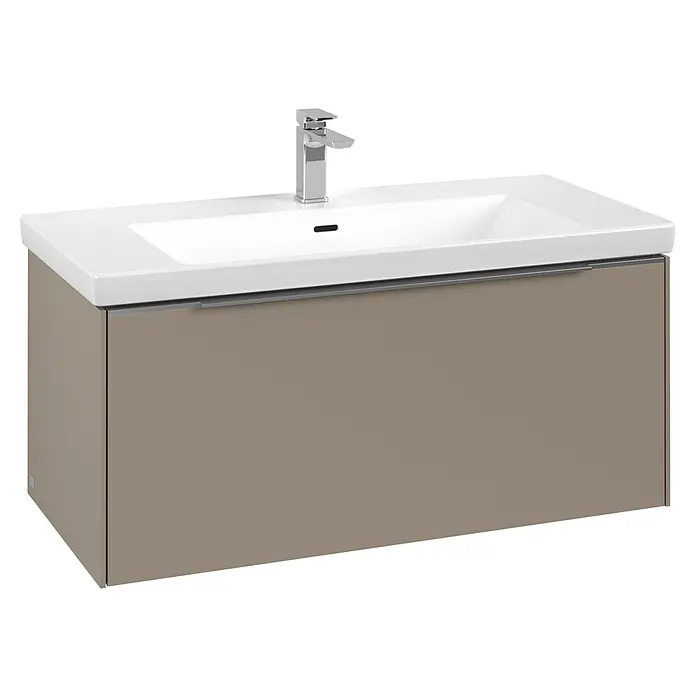 Villeroy & Boch Subway 3.0 Waschbeckenunterschrank - Taupe, Anzahl Schubladen: 1 Stk., Farbe Griff: Aluminium glänzend, B x T x H: 97,3 x 47,8 x 42,9 cm, Ohne Beleuchtung - Modernes Badezimmerwaschtisch in mattem Braun mit weißem Waschbecken und Chromarmatur.