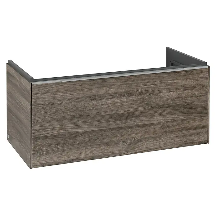 Villeroy & Boch Subway 3.0 Waschbeckenunterschrank - Stone Oak, Anzahl Schubladen: 1 Stk., Farbe Griff: Aluminium glänzend, B x T x H: 97,3 x 47,8 x 42,9 cm, Mit Beleuchtung - Unterschrank für Waschtisch in Holzoptik grau-braun mit grauer Oberkante, für Badezimmeraufbewahrung.