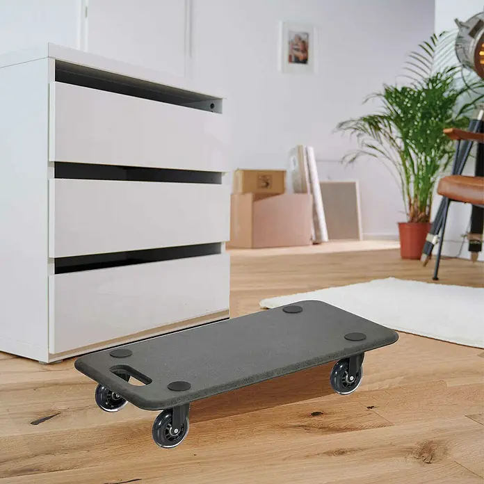 Wagner System Base con ruedas MM 1611 - L x An x Al: 59 x 29 x 11 cm, Capacidad de carga: 250 kg, Madera - Carro para muebles con cuatro ruedas y una plataforma rectangular gris, ideal para mover objetos pesados en casa fácilmente.