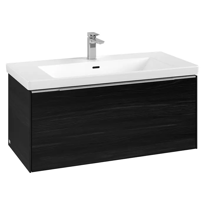 Villeroy & Boch Subway 3.0 Waschbeckenunterschrank - Black Oak, Anzahl Schubladen: 1 Stk., Farbe Griff: Aluminium glänzend, B x T x H: 97,3 x 47,8 x 42,9 cm, Ohne Beleuchtung - Waschtischunterschrank in schwarzer Holzmaserung mit weißem Keramikwaschbecken und Chromarmatur.