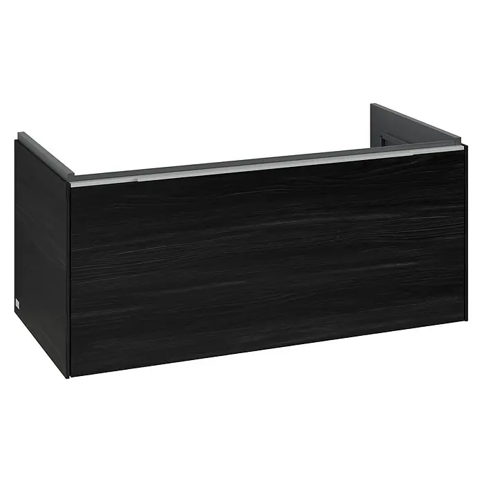 Villeroy & Boch Subway 3.0 Waschbeckenunterschrank - Black Oak, Anzahl Schubladen: 1 Stk., Farbe Griff: Aluminium glänzend, B x T x H: 97,3 x 47,8 x 42,9 cm, Mit Beleuchtung - Dunkler Holz-Effekt Unterschrank mit sichtbarer Maserung und grauem oberen Abschluss.