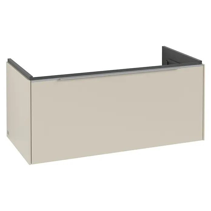 Villeroy & Boch Subway 3.0 Waschbeckenunterschrank - Cashmere Grey, Anzahl Schubladen: 1 Stk., Farbe Griff: Aluminium glänzend, B x T x H: 97,3 x 47,8 x 42,9 cm, Mit Beleuchtung - Hellbeiger Hängeschrank mit dunkelgrauer Oberkante und integriertem hellgrauen Griff.