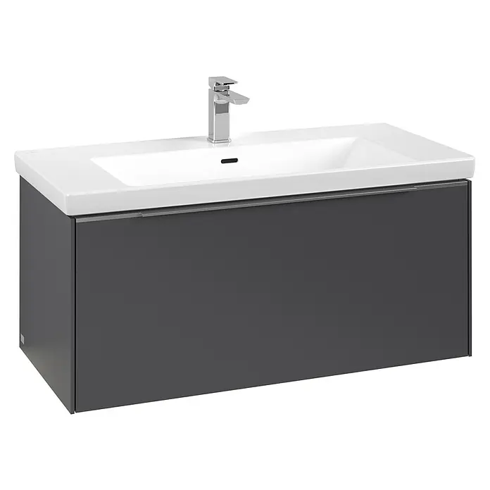 Villeroy & Boch Subway 3.0 Waschbeckenunterschrank - Graphite, Anzahl Schubladen: 1 Stk., Farbe Griff: Aluminium glänzend, B x T x H: 97,3 x 47,8 x 42,9 cm, Mit Beleuchtung - Wandhängender dunkelgrauer Waschtischunterschrank mit integriertem weißen Waschbecken und Chromarmatur.