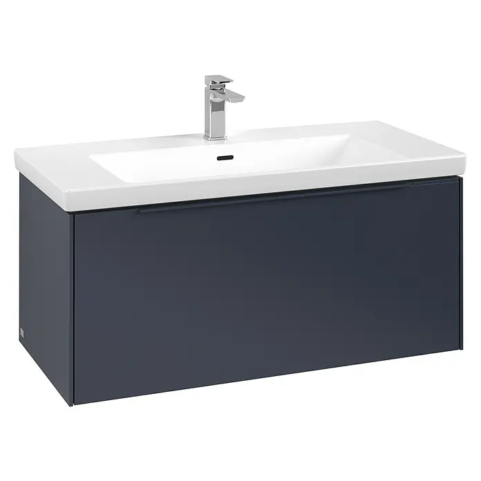 Villeroy & Boch Subway 3.0 Waschbeckenunterschrank - Marine Blue, Anzahl Schubladen: 1 Stk., Farbe Griff: Monochrom, B x T x H: 97,3 x 47,8 x 42,9 cm, Ohne Beleuchtung - Wandhängender dunkelgrauer Waschtischunterschrank mit integriertem weißen Keramikwaschbecken und Chromarmatur.