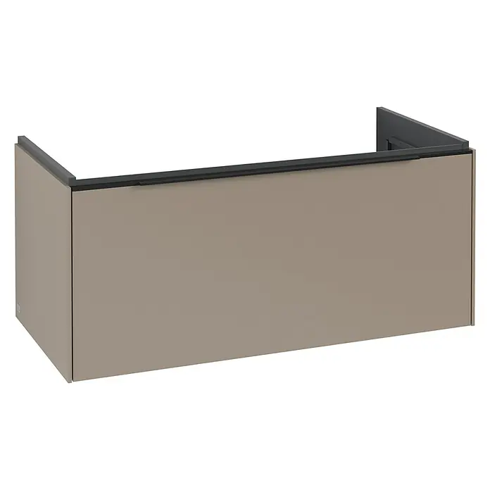 Villeroy & Boch Subway 3.0 Waschbeckenunterschrank - Taupe, Anzahl Schubladen: 1 Stk., Farbe Griff: Volcano Black, B x T x H: 97,3 x 47,8 x 42,9 cm, Ohne Beleuchtung - Hellbrauner schwebender Unterschrank mit integriertem dunkelgrauem Griff.