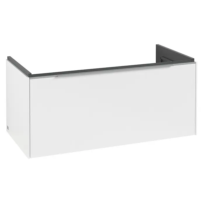 Villeroy & Boch Subway 3.0 Waschbeckenunterschrank - Pure White, Anzahl Schubladen: 1 Stk., Farbe Griff: Aluminium glänzend, B x T x H: 97,3 x 47,8 x 42,9 cm, Mit Beleuchtung - Weißer modularer Unterschrank mit integriertem dunkelgrauem Griff.