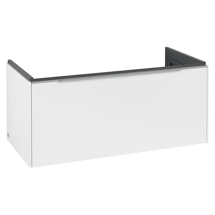Villeroy & Boch Subway 3.0 Waschbeckenunterschrank - Pure White, Anzahl Schubladen: 1 Stk., Farbe Griff: Aluminium glänzend, B x T x H: 97,3 x 47,8 x 42,9 cm, Ohne Beleuchtung - Weiße Badewannenfrontverkleidung mit dunkelgrauem oberen Abschluss.